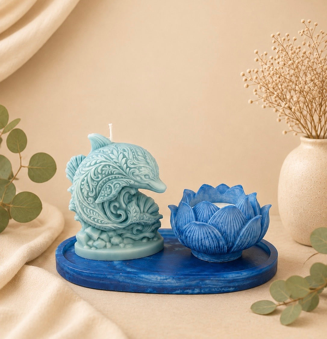 Vela Aromática Decorativa Armonía del Mar. Delfin y Flor de Loto